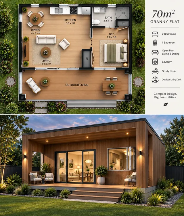 Covered Deck Cottage — 70m² granny flat concept render by Stable Structure