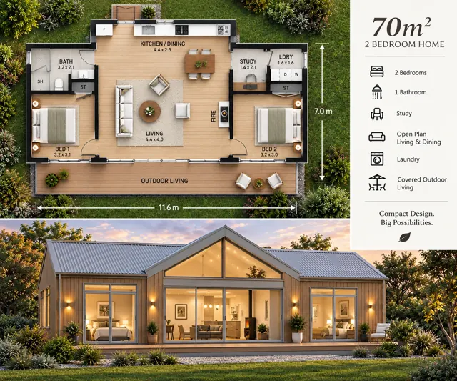 Pavilion Gable — 70m² granny flat concept render by Stable Structure