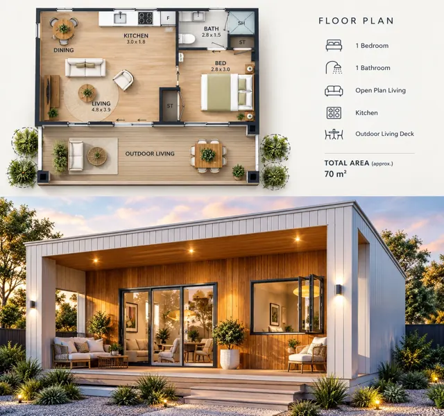 Skillion Studio — 70m² granny flat concept render by Stable Structure
