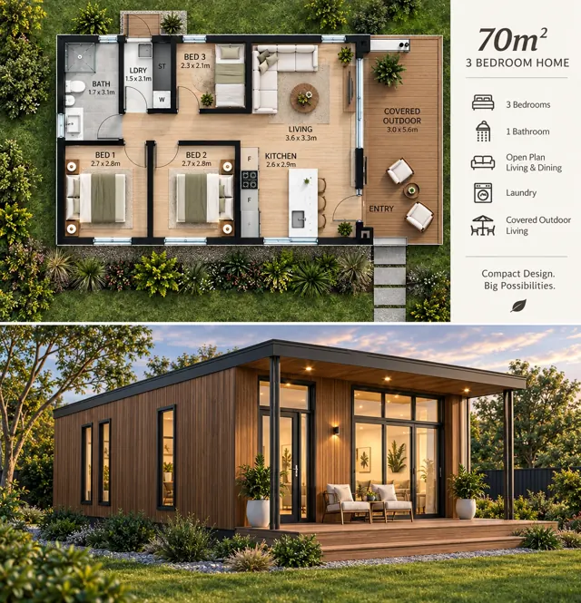 Three-Bedroom Skillion — 70m² granny flat concept render by Stable Structure