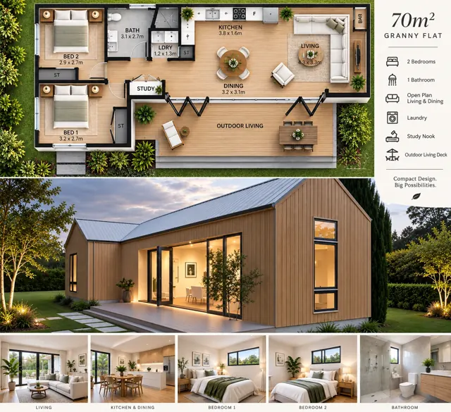 Timber Courtyard — 70m² granny flat concept render by Stable Structure